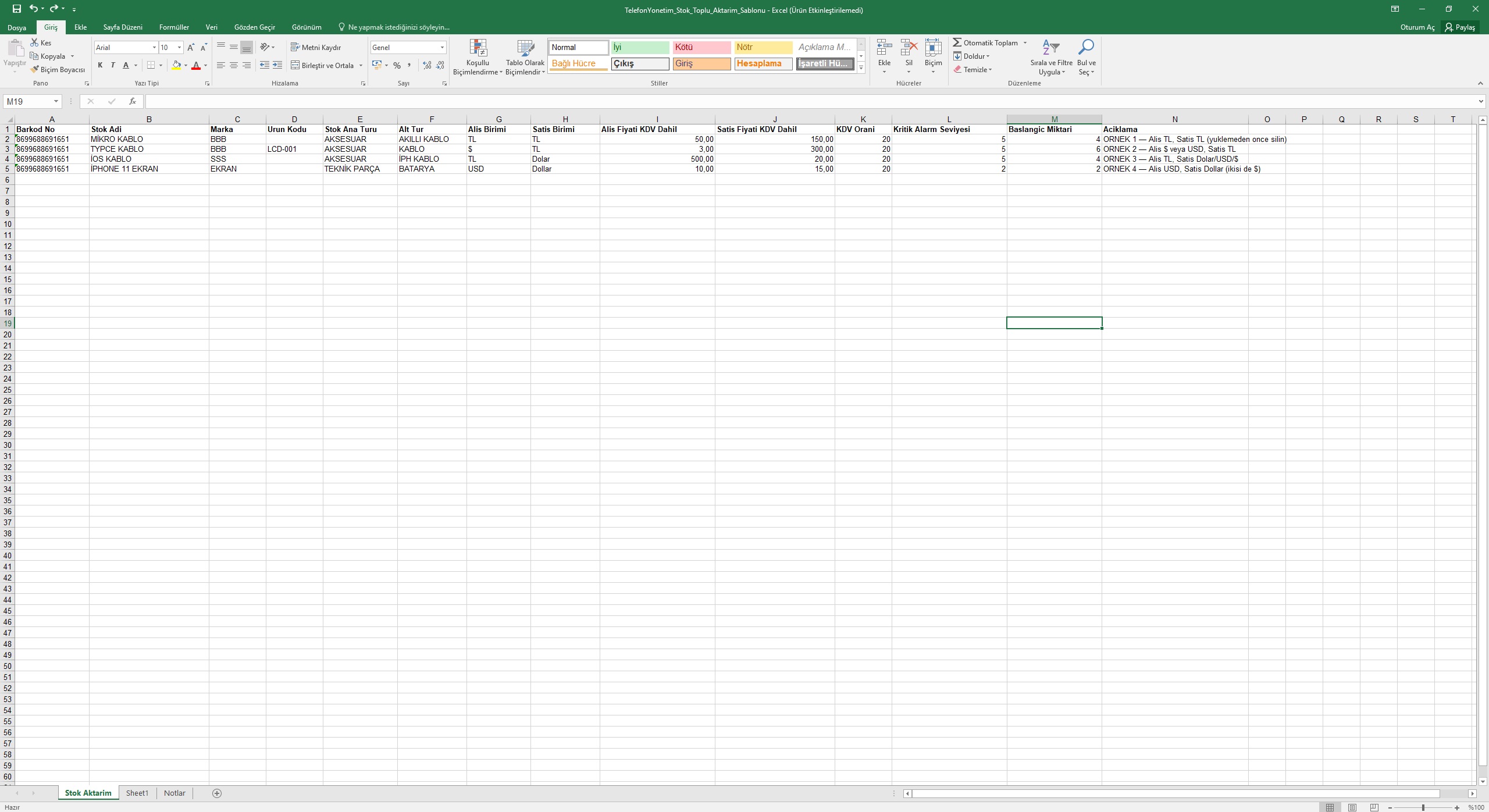 Toplu stok aktarımı — Excel şablonu