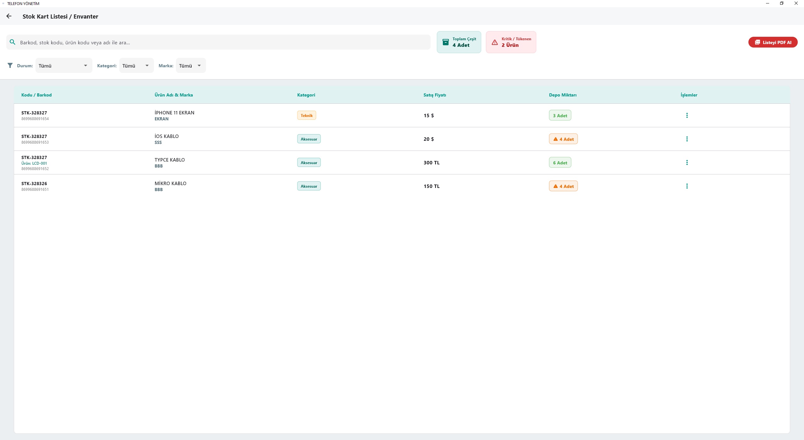 Toplu stok aktarımı — stok kart listesi