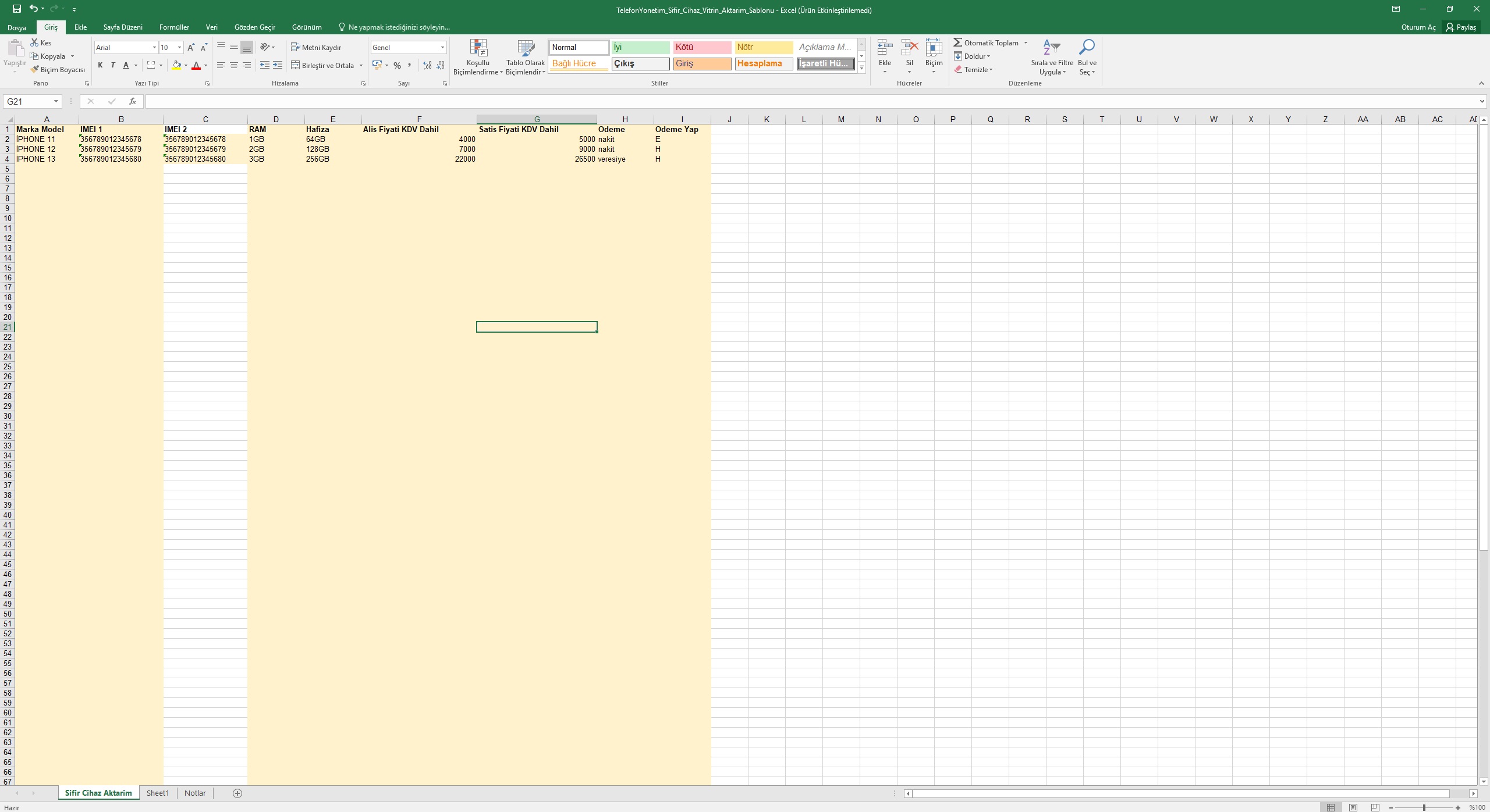 Sıfır vitrin aktarımı — Excel şablonu