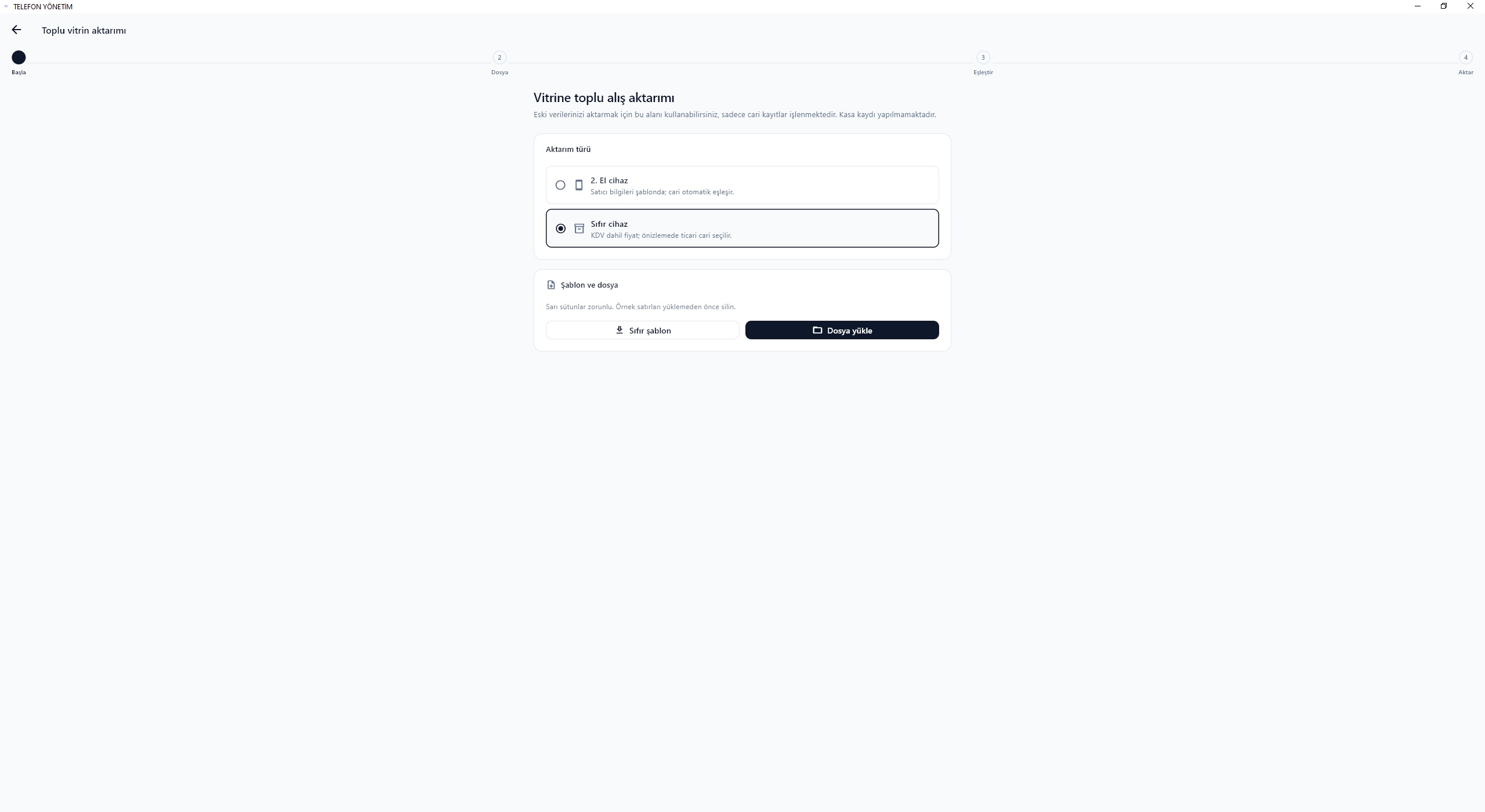 Sıfır vitrin aktarımı — program ekranı
