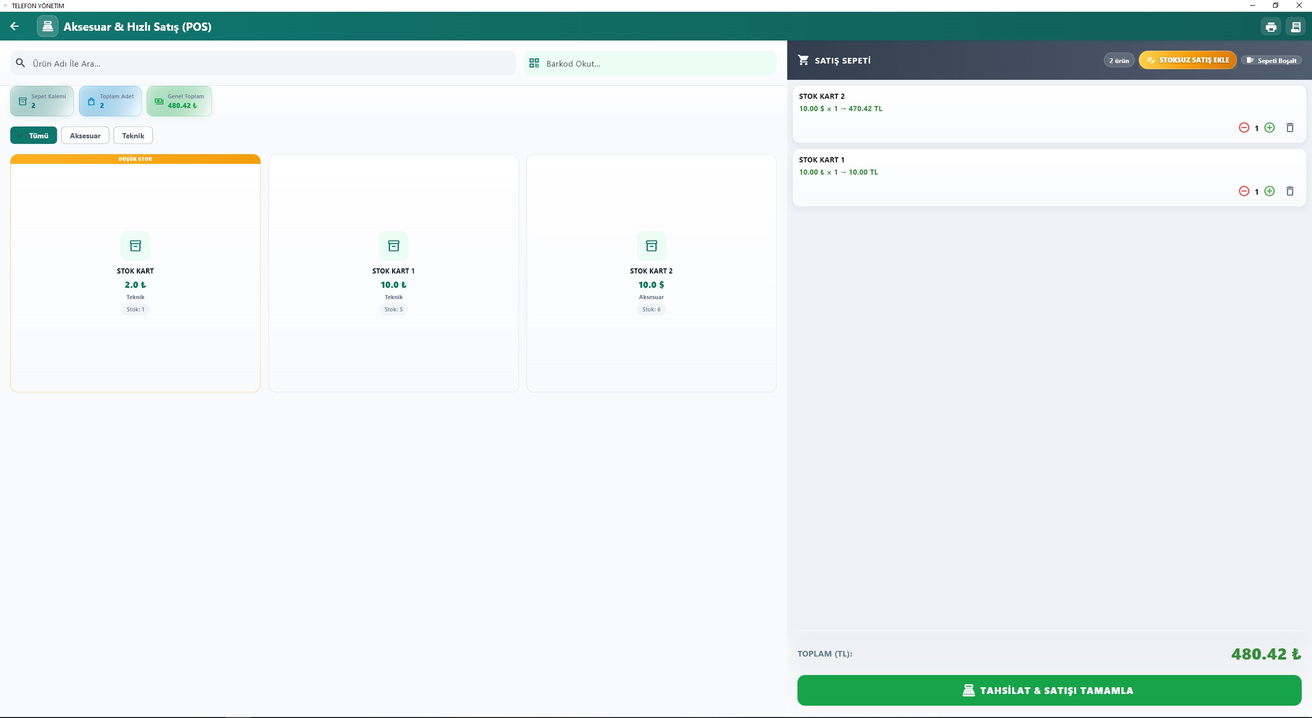 Hızlı POS — sepet oluşturma ekranı