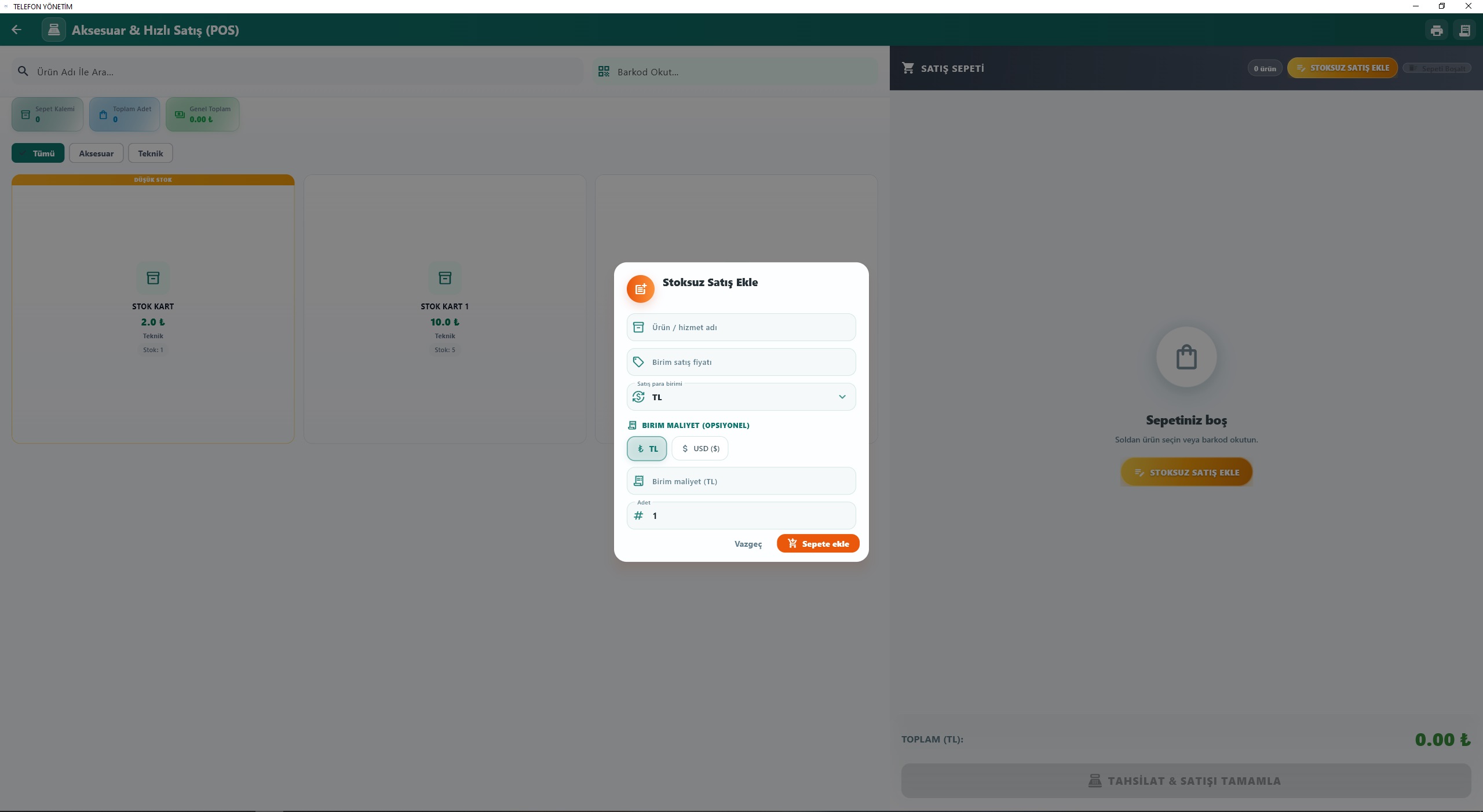 Hızlı POS — stoksuz satış ekleme