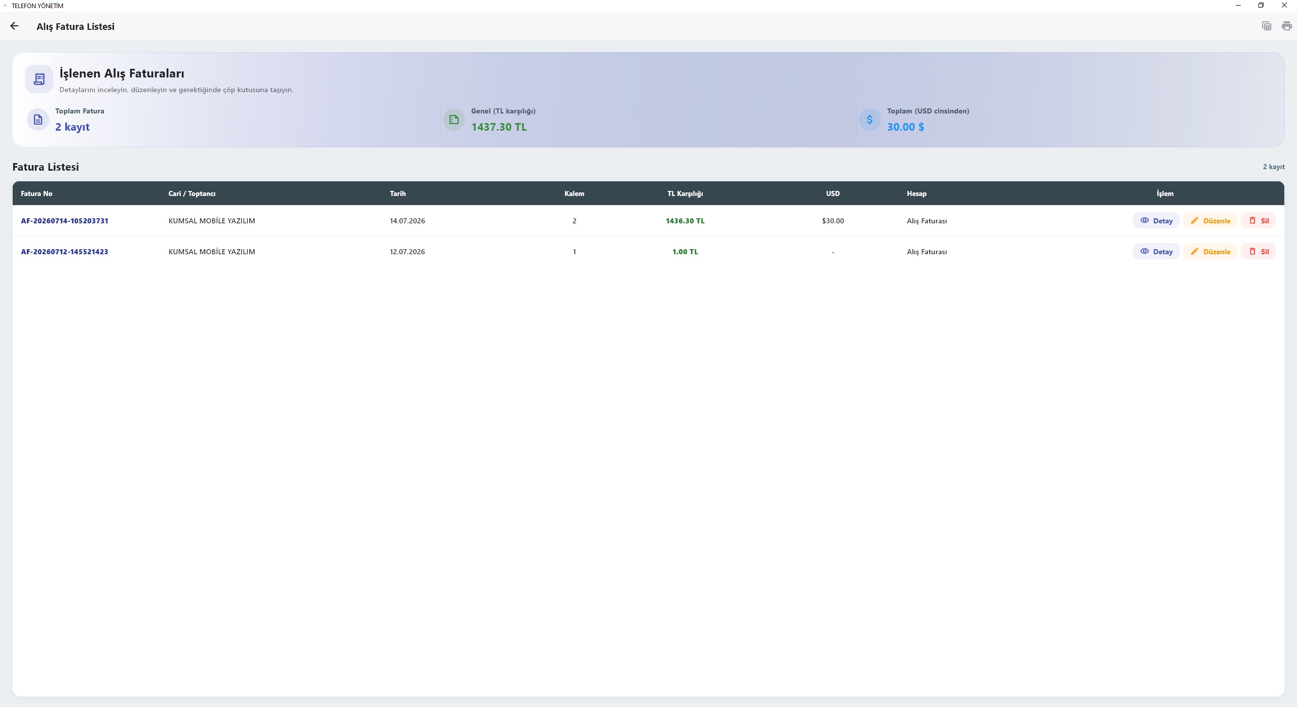 Stok — alış faturası liste
