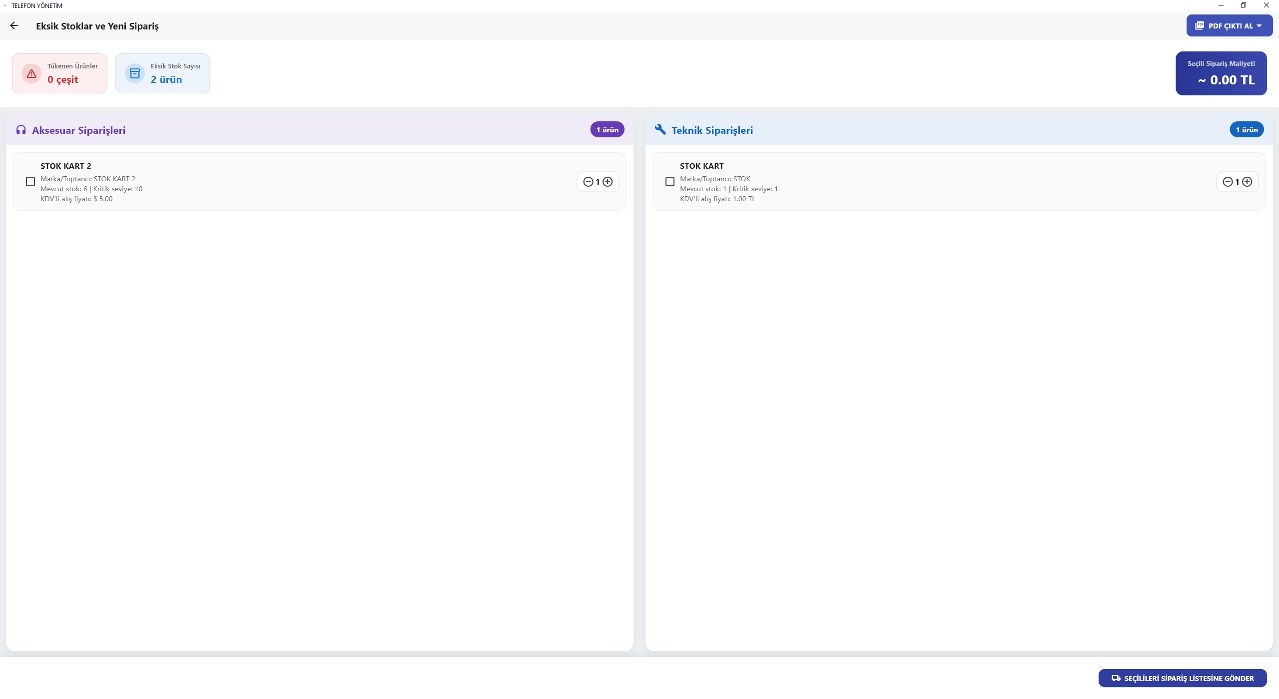 Stok — eksik stok / verilecek siparişler