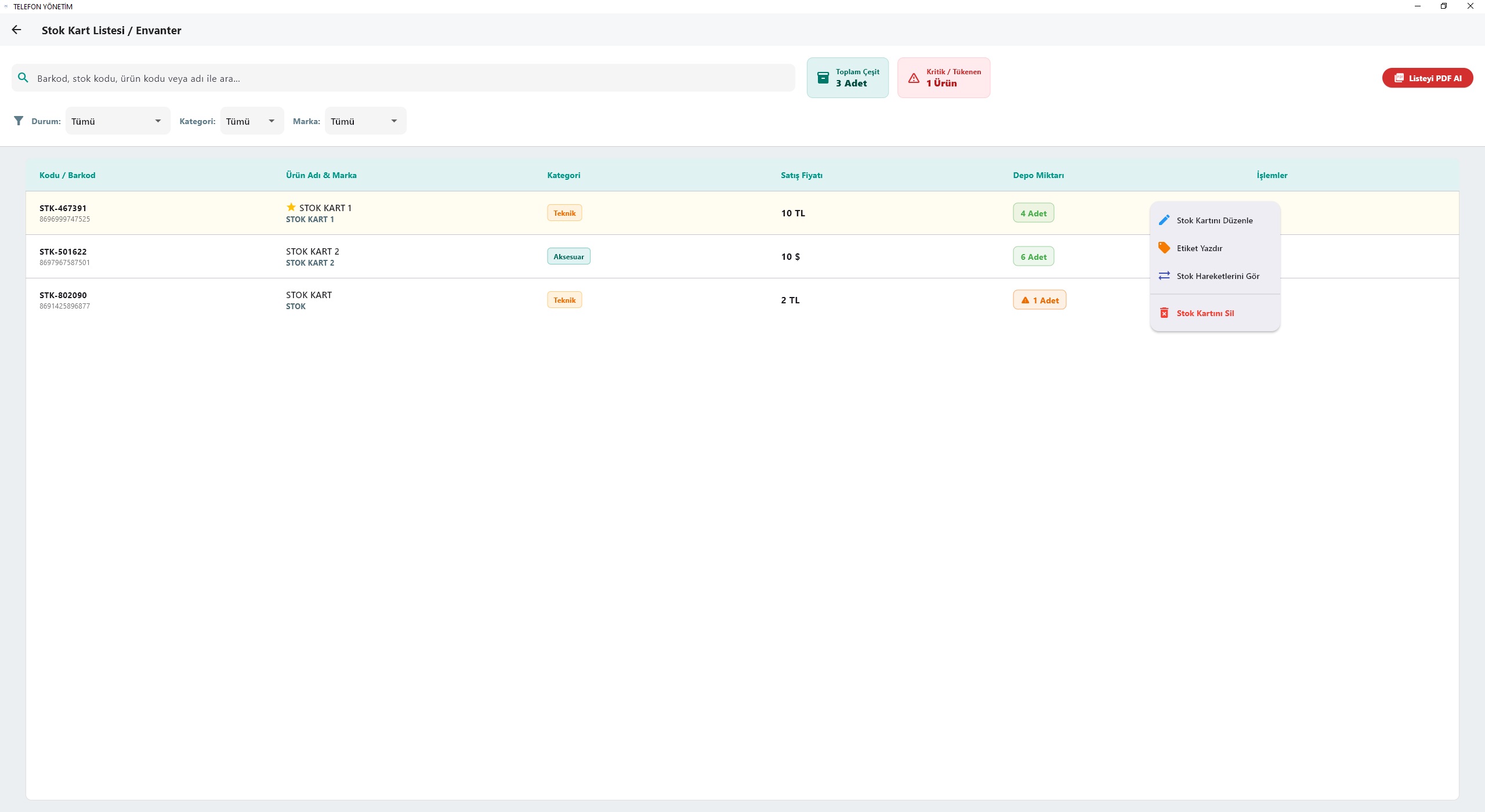 Stok — stok kart listesi