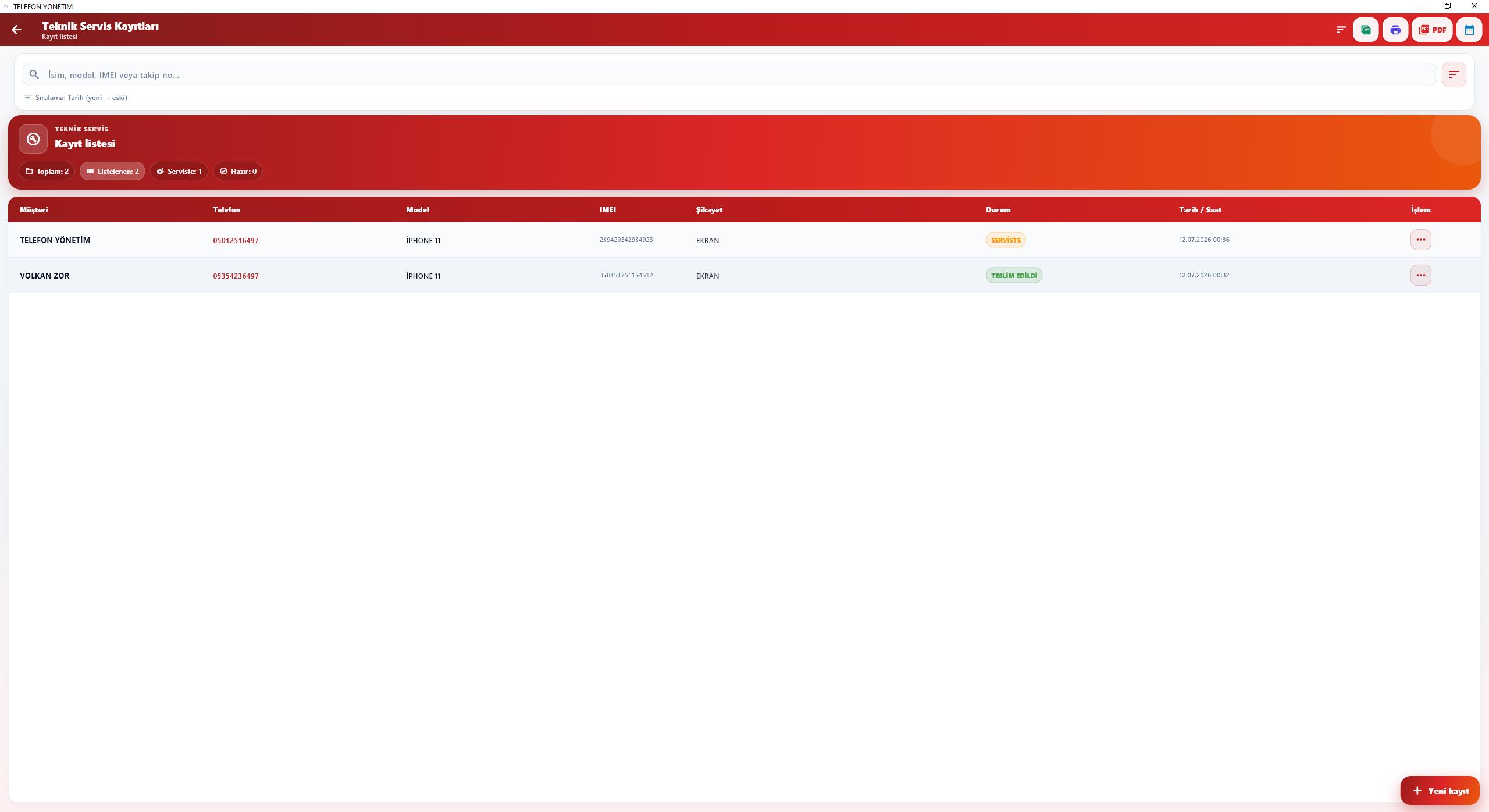 Teknik servis kayıt listesi — filtreler, arama ve kayıt kartları