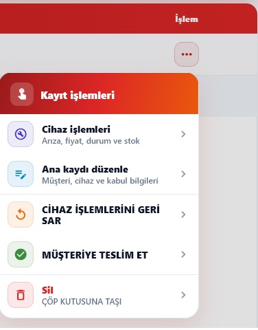 Teknik servis — cihaz işlemleri menüsü, işlem düzenle